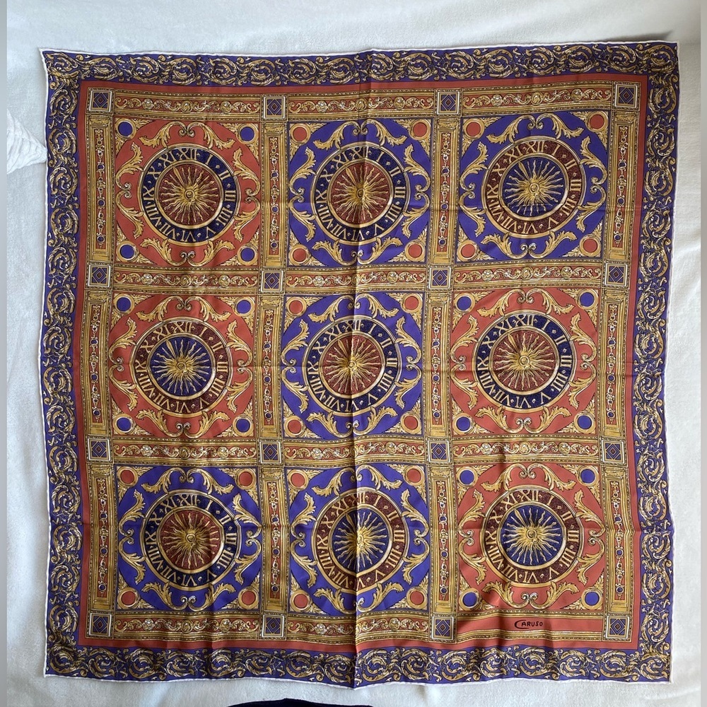 Vintage Caruso Printed Scarf 100% Seta Pura Purple‎ Gold Graphic Print Old Money